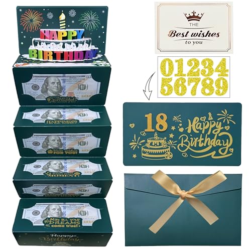 JINSTABAG Birthday Money Envelope for Cash Gifts, Birthday Card Money Holder with 3D Cake and DIY Sticker 16th 18th 21th Any Age, Money Gift Ideas for Men Women Girl Boy. (Green) - Image 1