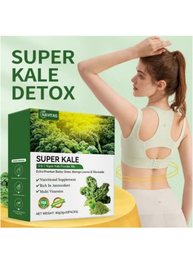 نافيتاس سوبر كيل 4 في 1 مسحوق سوبر كيل، غني بمضادات الأكسدة والفيتامينات المتعددة، شعير عشبي فاخر إضافي، أوراق المورينغا وستيفيوسايد، الوزن الصافي: 60 جرام (3 جرام × 20 عبوة) - Image 5