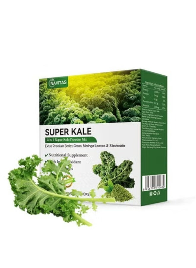 نافيتاس سوبر كيل 4 في 1 مسحوق سوبر كيل، غني بمضادات الأكسدة والفيتامينات المتعددة، شعير عشبي فاخر إضافي، أوراق المورينغا وستيفيوسايد، الوزن الصافي: 60 جرام (3 جرام × 20 عبوة) - Image 1