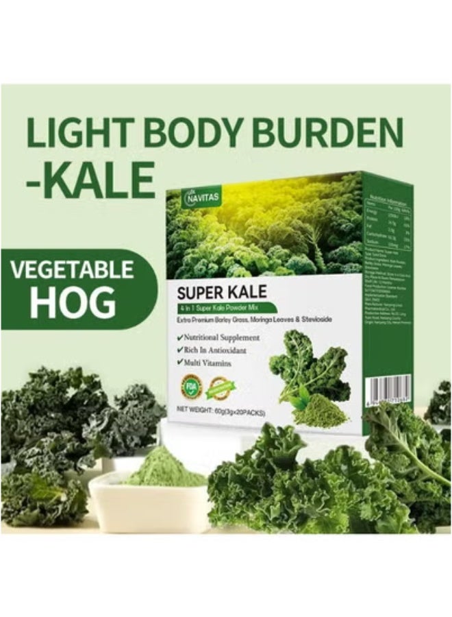نافيتاس سوبر كيل 4 في 1 مسحوق سوبر كيل، غني بمضادات الأكسدة والفيتامينات المتعددة، شعير عشبي فاخر إضافي، أوراق المورينغا وستيفيوسايد، الوزن الصافي: 60 جرام (3 جرام × 20 عبوة) - Image 4