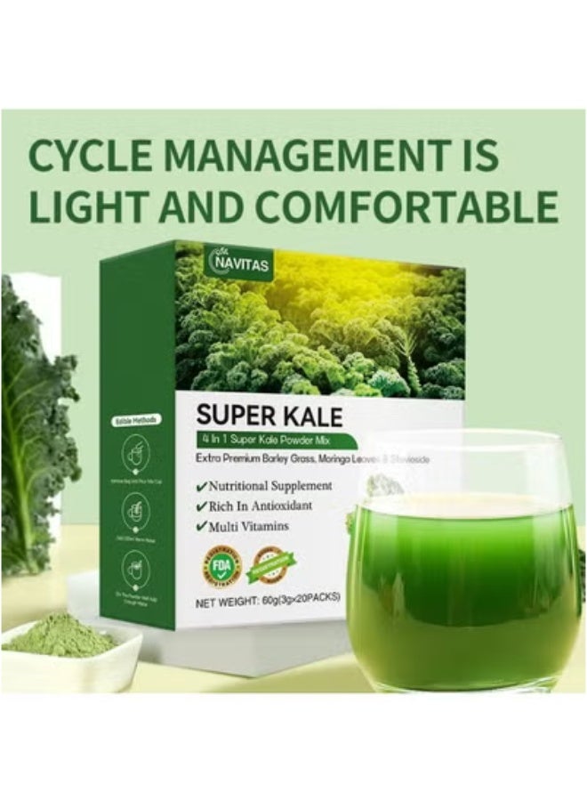 نافيتاس سوبر كيل 4 في 1 مسحوق سوبر كيل، غني بمضادات الأكسدة والفيتامينات المتعددة، شعير عشبي فاخر إضافي، أوراق المورينغا وستيفيوسايد، الوزن الصافي: 60 جرام (3 جرام × 20 عبوة) - Image 3