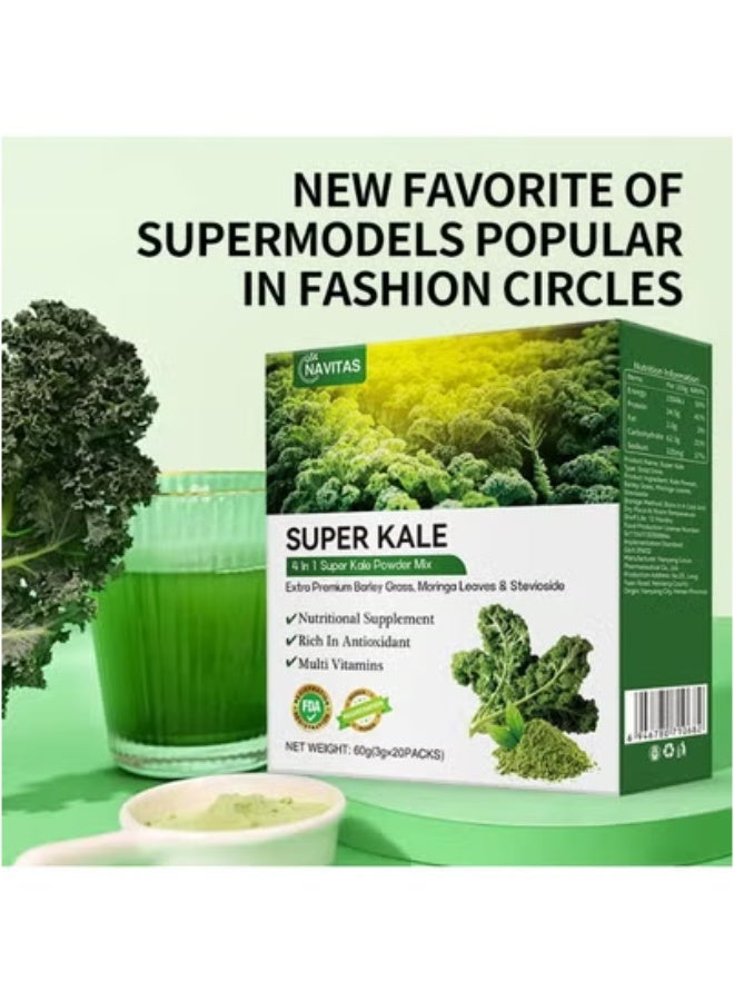 نافيتاس سوبر كيل 4 في 1 مسحوق سوبر كيل، غني بمضادات الأكسدة والفيتامينات المتعددة، شعير عشبي فاخر إضافي، أوراق المورينغا وستيفيوسايد، الوزن الصافي: 60 جرام (3 جرام × 20 عبوة) - Image 2