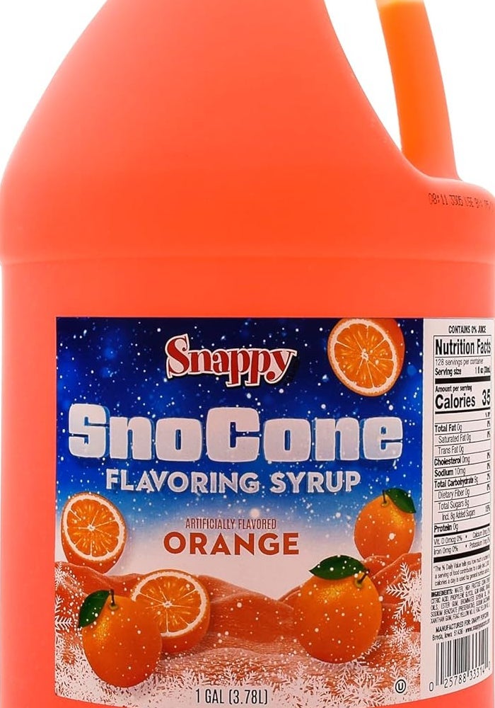Snappy Orange Sno Cone Syrup - 1 Gallon (128 oz) - Ready to Use for Snow Cone Machines and Shaved Ice - Image 1