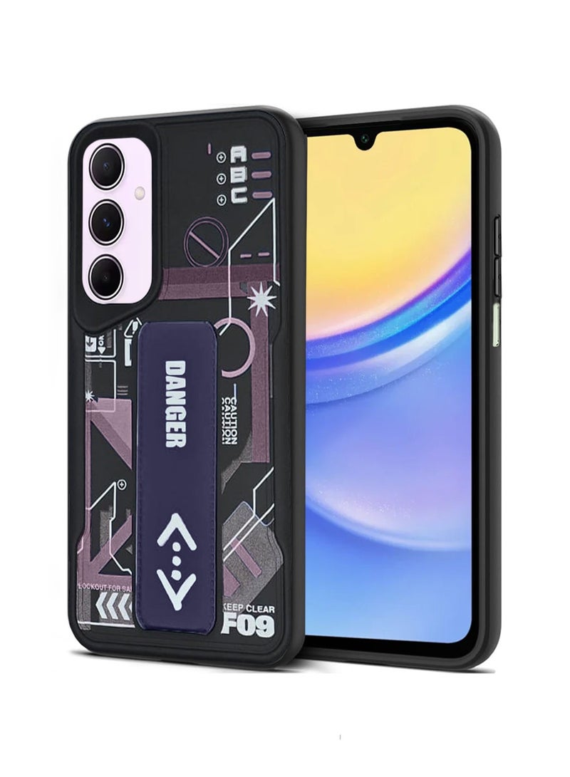 Techie Aesthetic Fashion Silicone Back Case Cover with Magnetic Hand Grip & Kickstand for Samsung Galaxy A15 – Black/Purple - Image 1