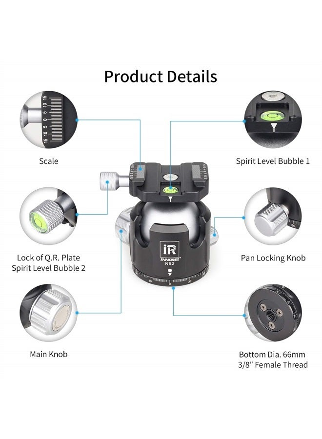 Innorel Low Profile Tripod Ball Head-INNOREL N52,Panoramic CNC Metal Camera Tripod Ball Head with Two 1/4" Screw Arca Swiss Quick Release Plates for Tripod,Monopod,DSLR,Camcorder,Max Load 66lbs/30kg - Image 3