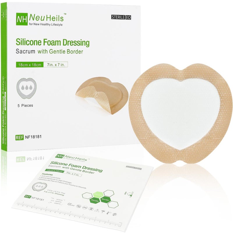 NEUHEILS Sacrum Silicone Foam Dressing with Gentle Border for Sacral Ulcer, Pressure Ulcer, Butt Bed Sore, Size 7''x7'' (4.9''x5.3'' Pad), 5 Pack, High Absorbency Silicone Adhesive Wound Bandage by NeuHeils - Image 1