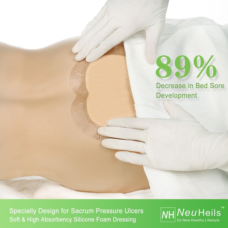 NEUHEILS Sacrum Silicone Foam Dressing with Gentle Border for Sacral Ulcer, Pressure Ulcer, Butt Bed Sore, Size 7''x7'' (4.9''x5.3'' Pad), 5 Pack, High Absorbency Silicone Adhesive Wound Bandage by NeuHeils - Image 3