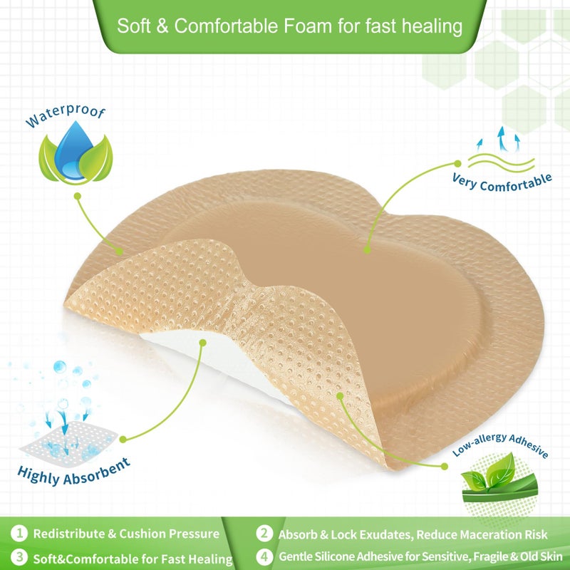 NEUHEILS Sacrum Silicone Foam Dressing with Gentle Border for Sacral Ulcer, Pressure Ulcer, Butt Bed Sore, Size 7''x7'' (4.9''x5.3'' Pad), 5 Pack, High Absorbency Silicone Adhesive Wound Bandage by NeuHeils - Image 4