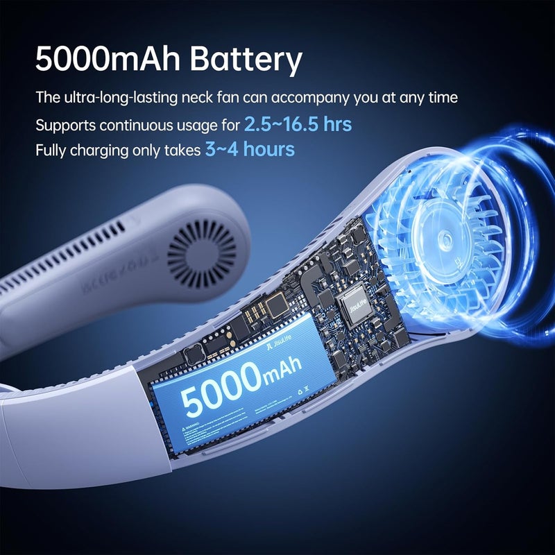 JISULIFE Enhanced Portable Neck Fan, Personal Hands-Free Neckband, 5-Speed Adjustment, 5000 mAh, Portable, Silent, Rechargeable, Gifts for Women and Men - Sunny Blue - Image 4