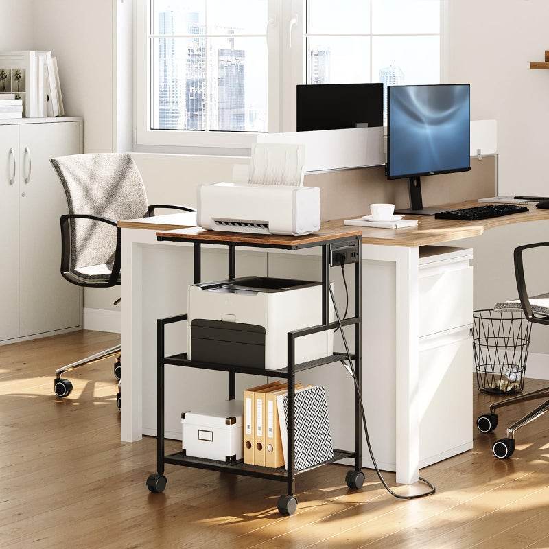 MAHANCRIS Mobile Printer Stand, 3-Tier Industrial Printer Cart with Power Outlets and 2 USB Ports, Rolling Printer Table on Wheels for Home Offices Kitchen Organization Rack, Rustic Brown PTHR78E01 - Image 2