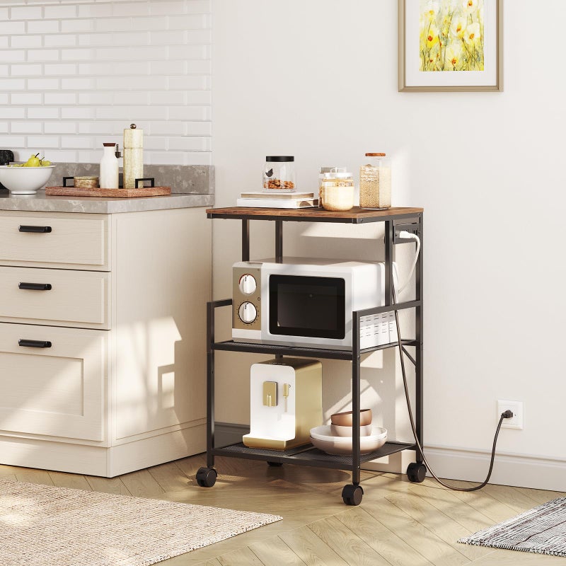 MAHANCRIS Mobile Printer Stand, 3-Tier Industrial Printer Cart with Power Outlets and 2 USB Ports, Rolling Printer Table on Wheels for Home Offices Kitchen Organization Rack, Rustic Brown PTHR78E01 - Image 4
