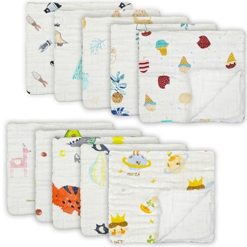 FOOK FISH Muslin Burp Cloths Cotton Burping Cloth 20'‘ X 10’' Pack of 10, Baby Spit Up Cloths for Newborn, Absorbent, Soft, Breathable Large, Premium 6-layer Construction, Unisex, for Boys Girls(Cute) - Image 1