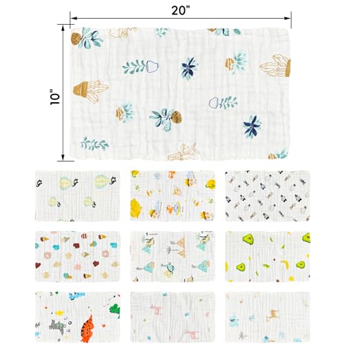 FOOK FISH Muslin Burp Cloths Cotton Burping Cloth 20'‘ X 10’' Pack of 10, Baby Spit Up Cloths for Newborn, Absorbent, Soft, Breathable Large, Premium 6-layer Construction, Unisex, for Boys Girls(Cute) - Image 2
