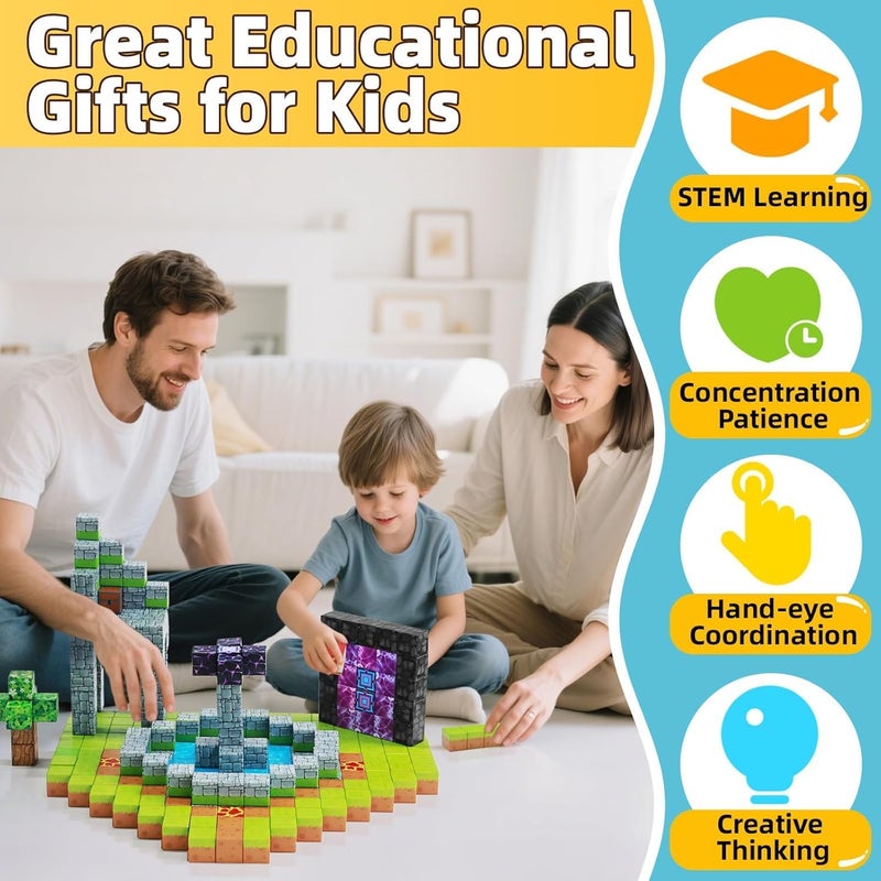 Moonmen Magnetic Building Blocks Set, Mine Magnet World Set For Toddler Educational STEM Construction Toy, Non-Toxic ABS Material Magnet Cubes Construction Toys (180 Pcs Random +10 Pcs Dolls) - Image 3
