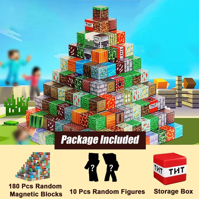 Moonmen Magnetic Building Blocks Set, Mine Magnet World Set For Toddler Educational STEM Construction Toy, Non-Toxic ABS Material Magnet Cubes Construction Toys (180 Pcs Random +10 Pcs Dolls) - Image 2