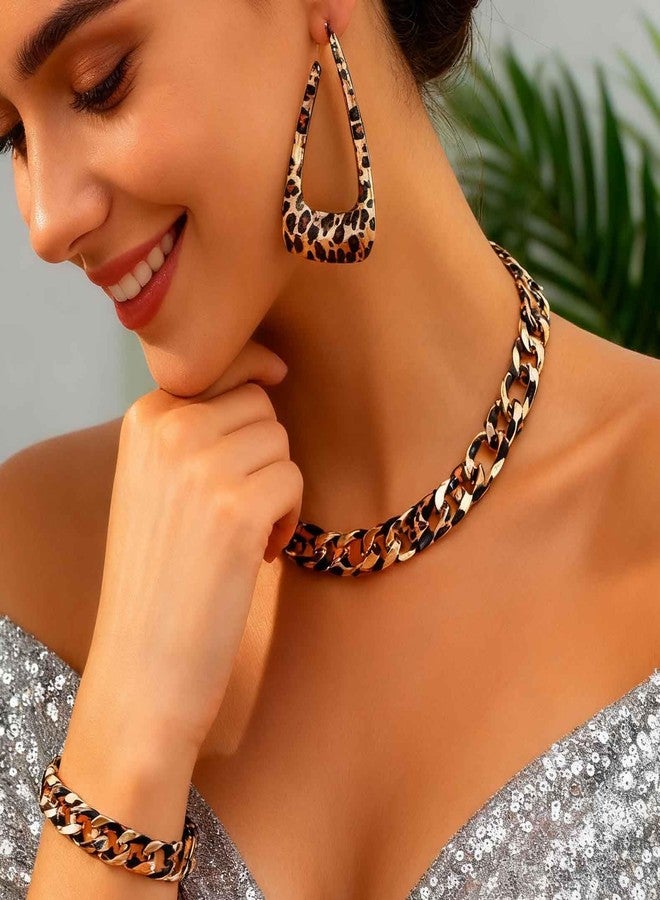 CLOACE Leopard Chunky Choker Necklace Set Thick Earring Punk Cuban Chain Jewelry Accessories for Women (Leopard) - Image 4