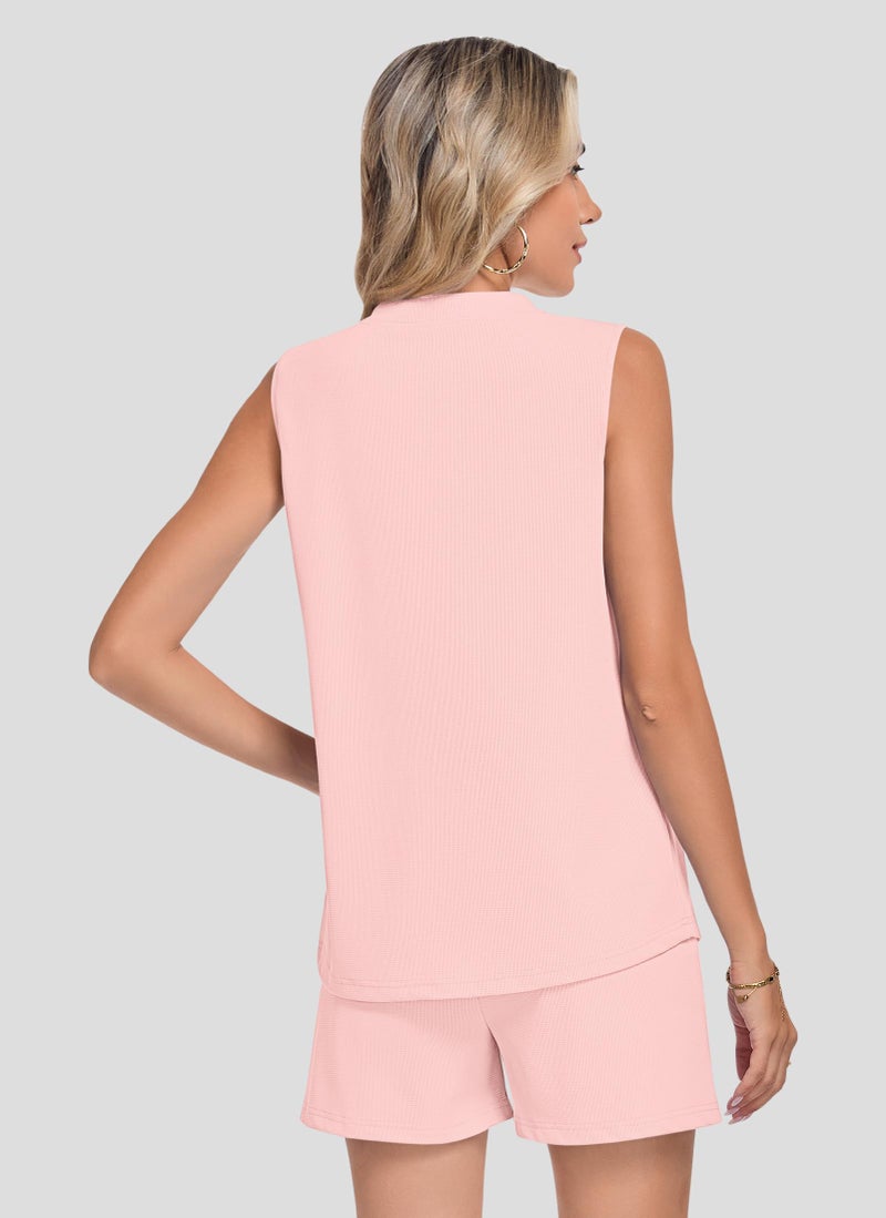 AUSELILY Women's Two Piece Sets Waffle Knit Summer Casual V Neck Sleeveless Pleated Shorts Set Drawstring Matching Sets Women Clothing 2026 Pink M - Image 5