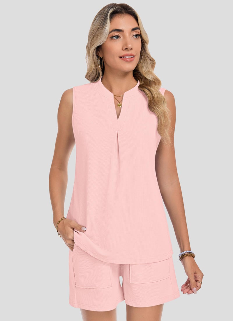 AUSELILY Women's Two Piece Sets Waffle Knit Summer Casual V Neck Sleeveless Pleated Shorts Set Drawstring Matching Sets Women Clothing 2026 Pink M - Image 4