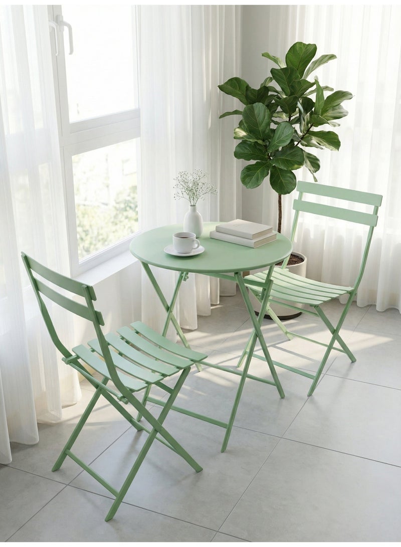 صن رايز طقم بيسترو خارجي قابل للطي 3 قطع، طاولة حديد دائرية وكرسيين للحدائق والبلكونة - Image 1