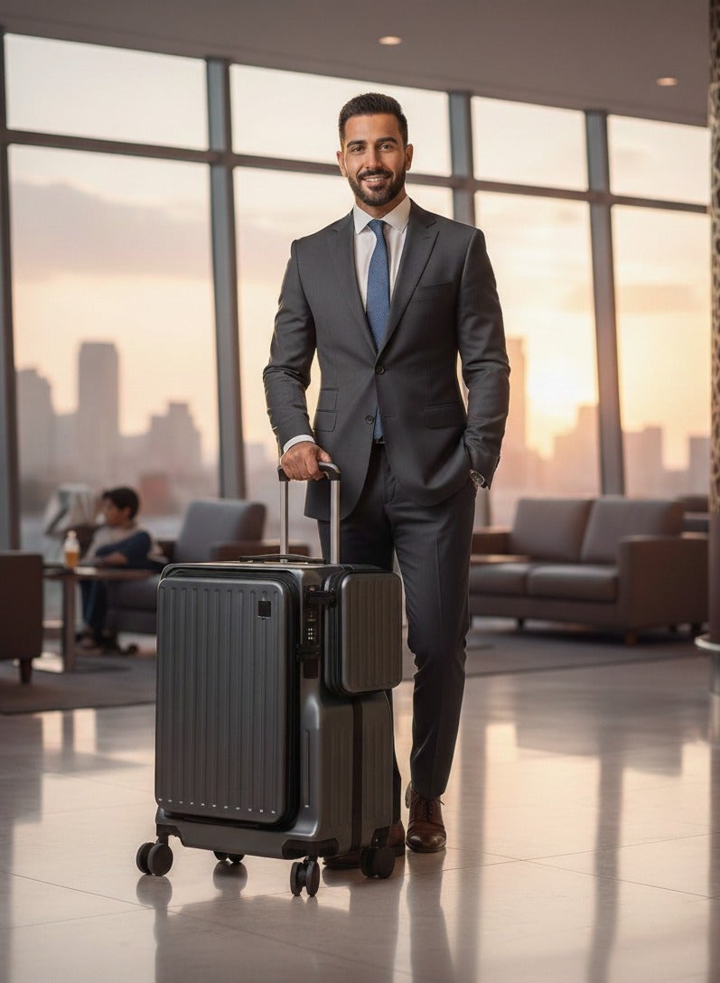 Skycare Airline-Approved PC Carry-On Luggage - Lightweight Hardside Spinner Suitcase with TSA Lock, USB Charging, Front Pocket, and Cup Holder - Image 4