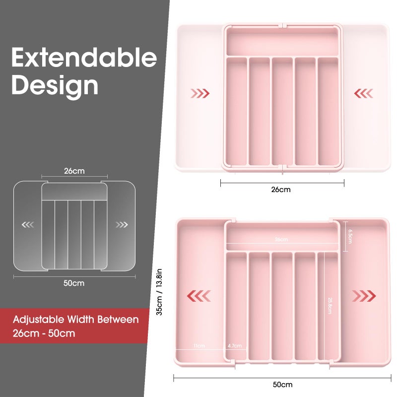 Aujen Silverware Organizer - Expandable Kitchen Drawer Organizer, Adjustable Utensil Organizer, Cutlery Tray for Forks, Knives, Multipurpose Kitchen Organizers and Storage Solution, Pink, Large - Image 2