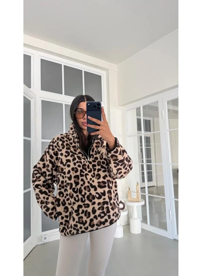 Leopard-Pattern Half-Zip Fleece Sweatshirt GAUS-01916 GAUS-01925.