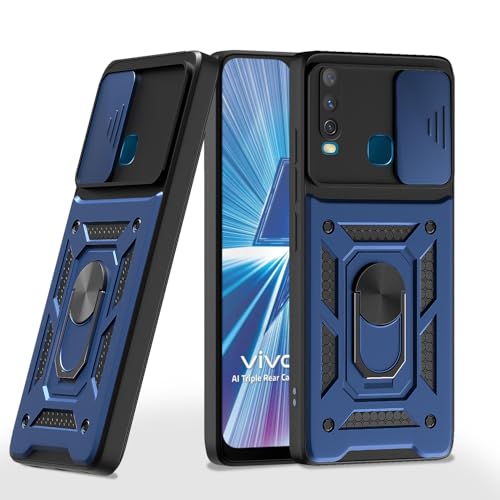 Pikkme Back Cover for Vivo Y12 / Y15 / Y17 / U10 | Sliding Camera Shield with Ring Stand | D10 Full Camera Protection Bumper Case (Blue) - Image 1