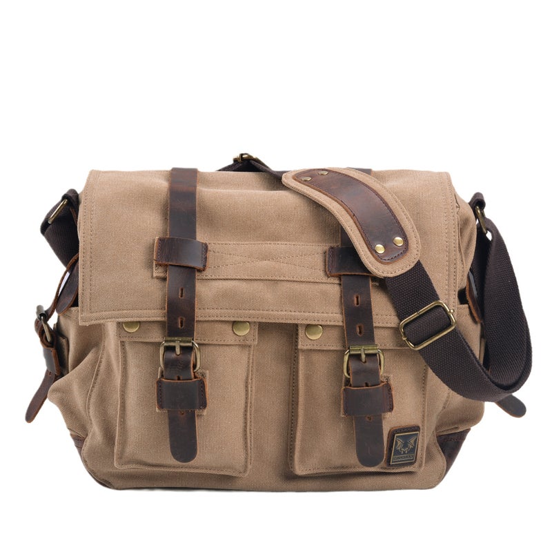 Mukawa Cloth Bag Retro Canvas With Crazy Horse Leather Messenger Bag For Men And Women Single Shoulder Casual Shoulder Bag - Image 1
