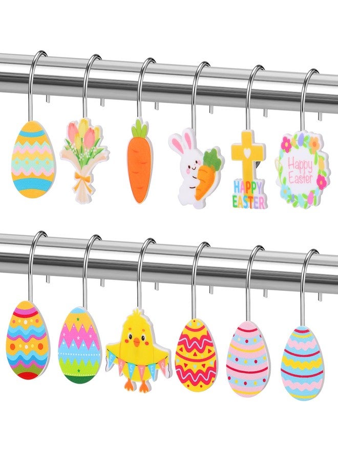 Jetec 12 Pcs Easter Shower Curtain Hooks Curtain Hanger Hooks Metal Rustproof Bathroom Room Pendants Decor Accessories with Bunny Happy Easter Egg Carrot Flower Chick Rabbit Stainless Curtains Rings - Image 1