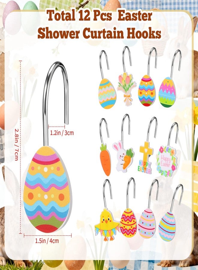 Jetec 12 Pcs Easter Shower Curtain Hooks Curtain Hanger Hooks Metal Rustproof Bathroom Room Pendants Decor Accessories with Bunny Happy Easter Egg Carrot Flower Chick Rabbit Stainless Curtains Rings - Image 2