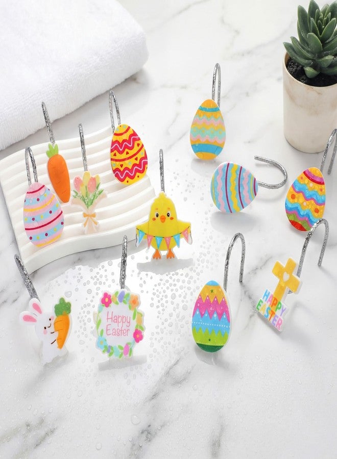 Jetec 12 Pcs Easter Shower Curtain Hooks Curtain Hanger Hooks Metal Rustproof Bathroom Room Pendants Decor Accessories with Bunny Happy Easter Egg Carrot Flower Chick Rabbit Stainless Curtains Rings - Image 5