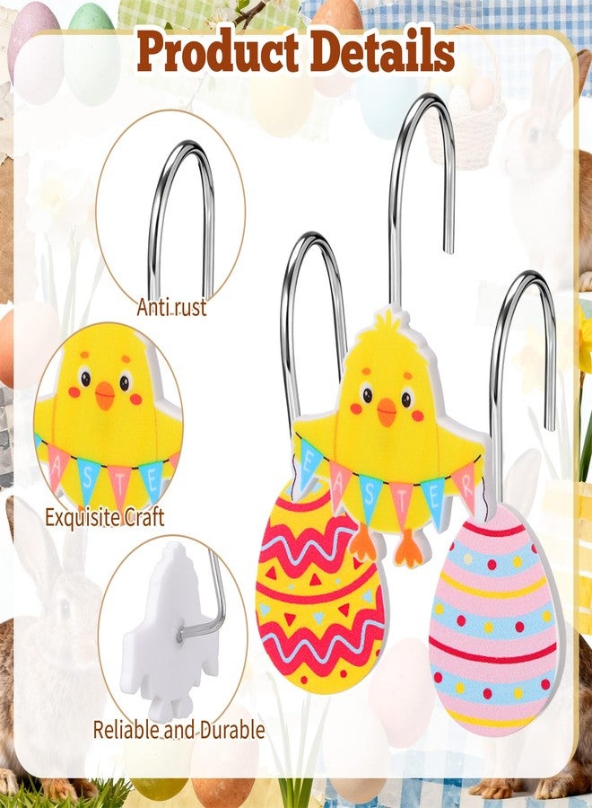 Jetec 12 Pcs Easter Shower Curtain Hooks Curtain Hanger Hooks Metal Rustproof Bathroom Room Pendants Decor Accessories with Bunny Happy Easter Egg Carrot Flower Chick Rabbit Stainless Curtains Rings - Image 3
