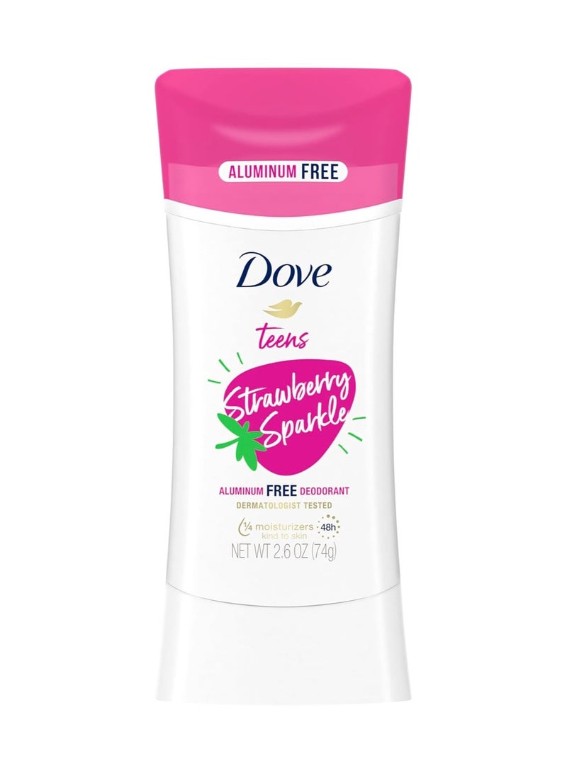 Dove Teens Deodorant Stick Strawberry Sparkle, for gentle underarm care, 48-hour odor protection and aluminum free deodorant, 2.6 oz