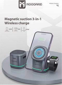 Magnetic suction 3-in-1 ًWireless charging , features by safe charging,15W charging phones, 3W charging (Apple Watches) ,2.5W for any wireless earphones