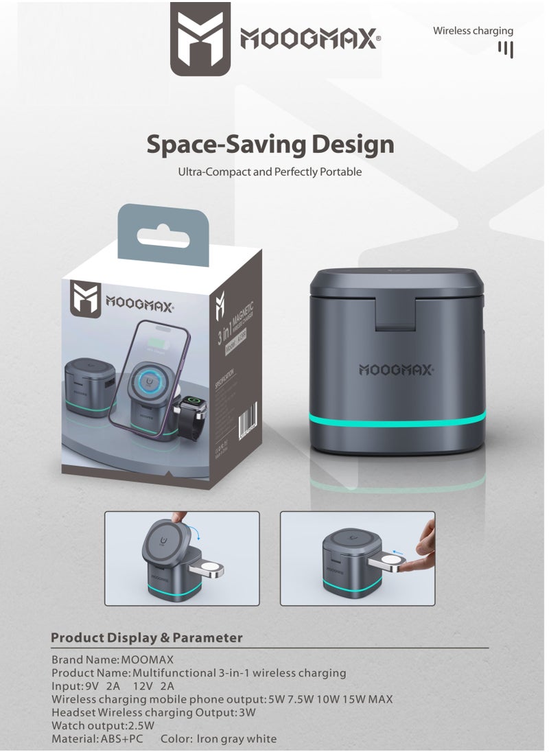 MOOGMAX - Magnetic suction 3-in-1 ًWireless charging , features by safe charging,15W charging phones, 3W charging (Apple Watches) ,2.5W for any wireless earphones - Image 1