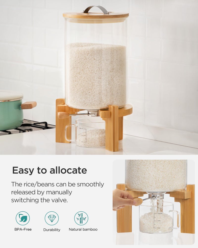 HBlife 14-16 Lbs Glass Rice Dispenser with Wooden Stand Flour and Cereal Container with Glass Measuring Cup Pantry Food Organization Storage Bin with Airtight Bamboo Lid, 8L - Image 3