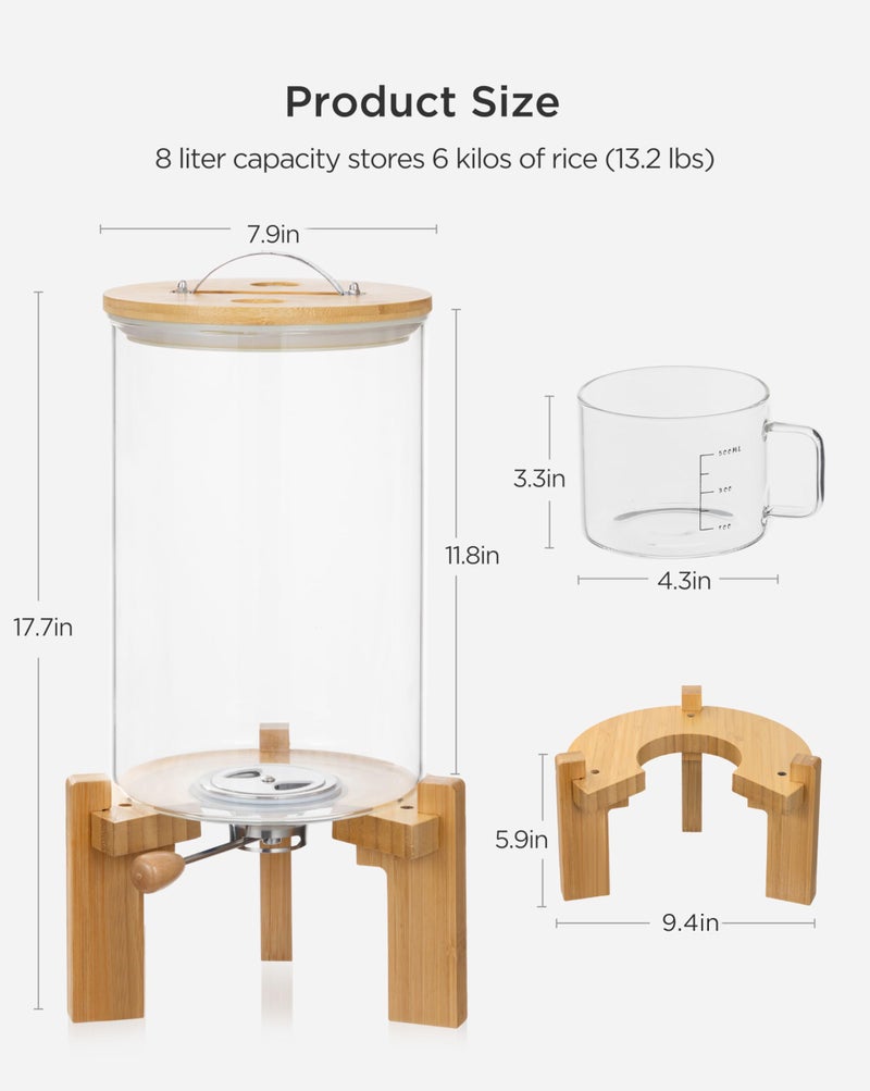 HBlife 14-16 Lbs Glass Rice Dispenser with Wooden Stand Flour and Cereal Container with Glass Measuring Cup Pantry Food Organization Storage Bin with Airtight Bamboo Lid, 8L - Image 2