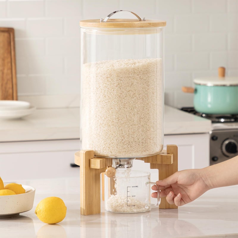 HBlife 14-16 Lbs Glass Rice Dispenser with Wooden Stand Flour and Cereal Container with Glass Measuring Cup Pantry Food Organization Storage Bin with Airtight Bamboo Lid, 8L - Image 5