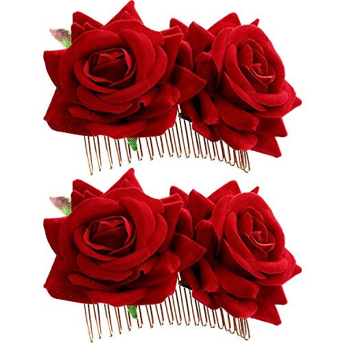Bememo 2 Pack Women Rose Flower Hair Clip Rose Side Combs Flamenco Flowers Day of The Dead Costumes Mexican Hair Accessories for Wedding Party Mother's Day(Red) - Image 1