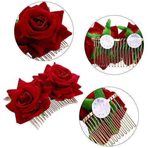 Bememo 2 Pack Women Rose Flower Hair Clip Rose Side Combs Flamenco Flowers Day of The Dead Costumes Mexican Hair Accessories for Wedding Party Mother's Day(Red) - Image 5