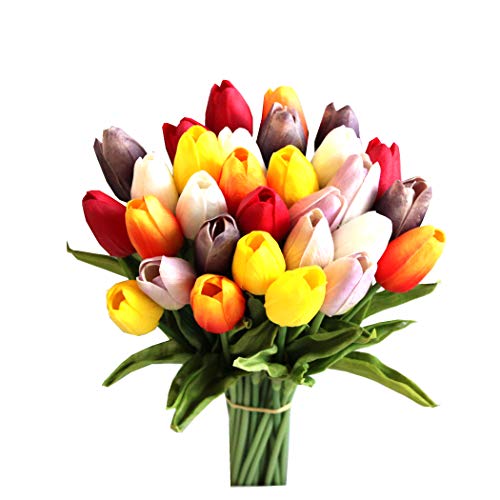 Mandy's Artificial Tulips 28 Stems Multicolor PU Faux Flowers for Wedding Home Decor 13.5 Inch - Image 1