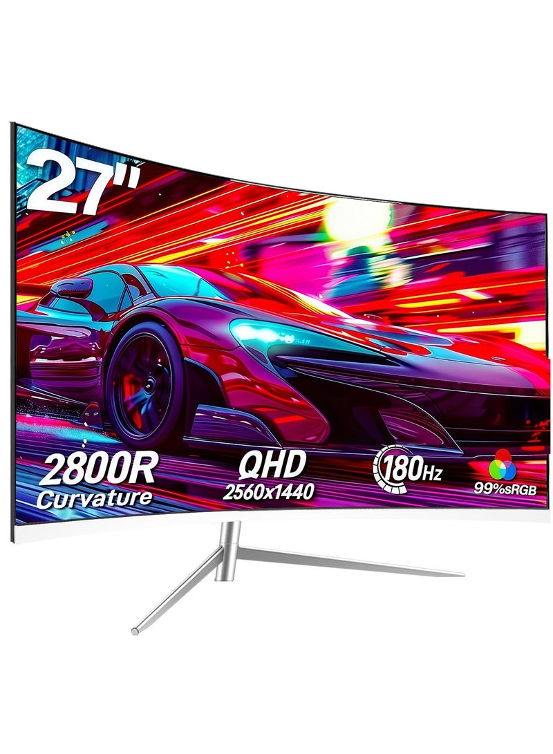 فلاشهوك شاشة كمبيوتر منحنية مقاس 27 بوصة، 180 هرتز، QHD 1440p، HDR، 99% sRGB، 2800R، متوافقة مع VESA، للكمبيوتر اللوحي/الكمبيوتر المكتبي/PS4، حواف ضيقة على ثلاثة جوانب، فلتر للضوء الأزرق، 2 منفذ HDMI، 2 منفذ DP ومنفذ صوت - أبيض  - Image 1