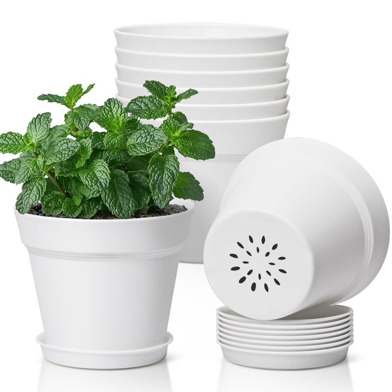 T4U 5 Inch Plant Pot 8-Pack, Plastic Pots with Drainage Hole and Saucer, Decorative Flower Pots Bulk for African Violet, Snake Plant, Succulent and All House Plants Indoor (8pcs 5" Pots, White) - Image 1