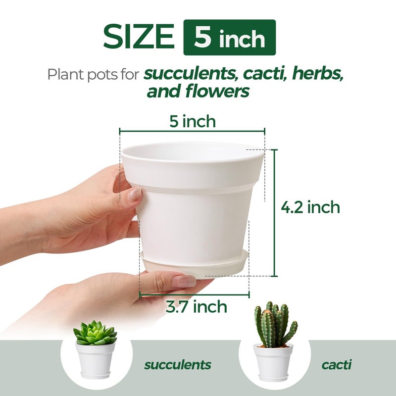 T4U 5 Inch Plant Pot 8-Pack, Plastic Pots with Drainage Hole and Saucer, Decorative Flower Pots Bulk for African Violet, Snake Plant, Succulent and All House Plants Indoor (8pcs 5" Pots, White) - Image 2