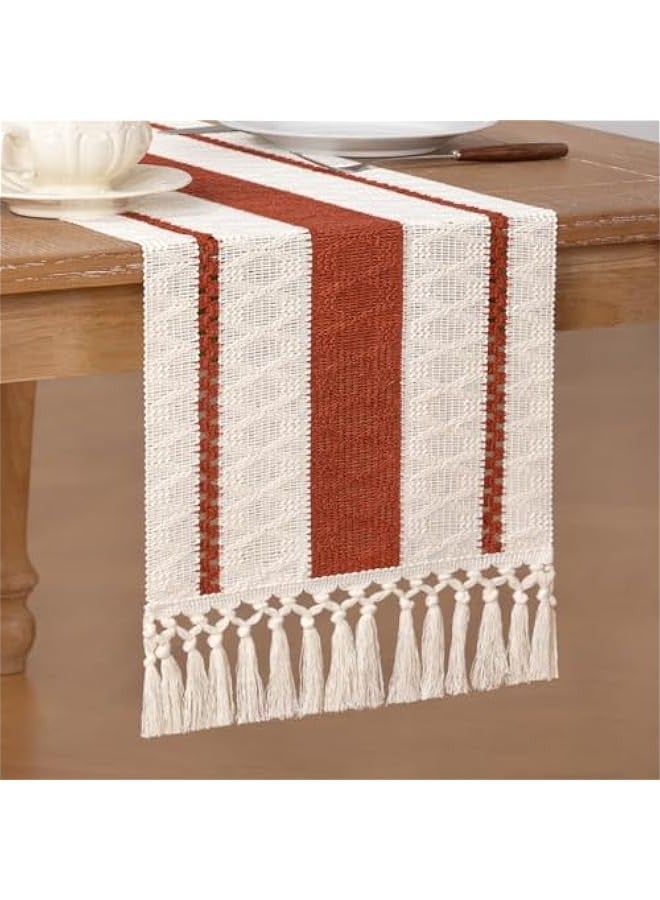 Boho Table Runner Macrame Small Spring  Farmhouse Woven Cotton Linen Rustic Coffee Table Runner with Tassels for Dresser Scarf Home Decor Dining Room 12x60 inch Terracotta Ivory - Image 1
