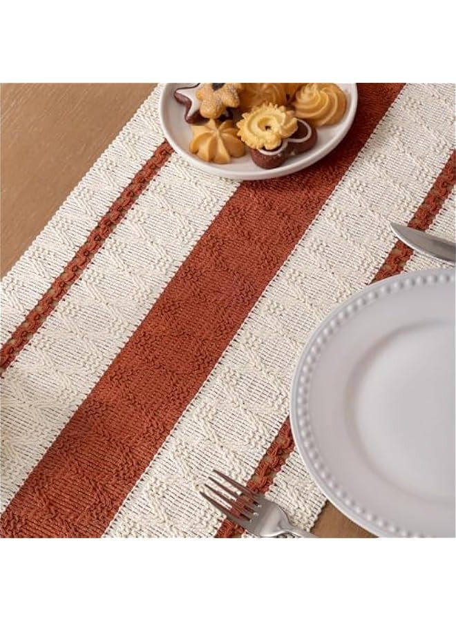 Boho Table Runner Macrame Small Spring  Farmhouse Woven Cotton Linen Rustic Coffee Table Runner with Tassels for Dresser Scarf Home Decor Dining Room 12x60 inch Terracotta Ivory - Image 2