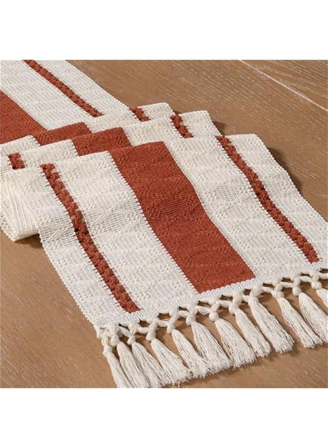 Boho Table Runner Macrame Small Spring  Farmhouse Woven Cotton Linen Rustic Coffee Table Runner with Tassels for Dresser Scarf Home Decor Dining Room 12x60 inch Terracotta Ivory - Image 3