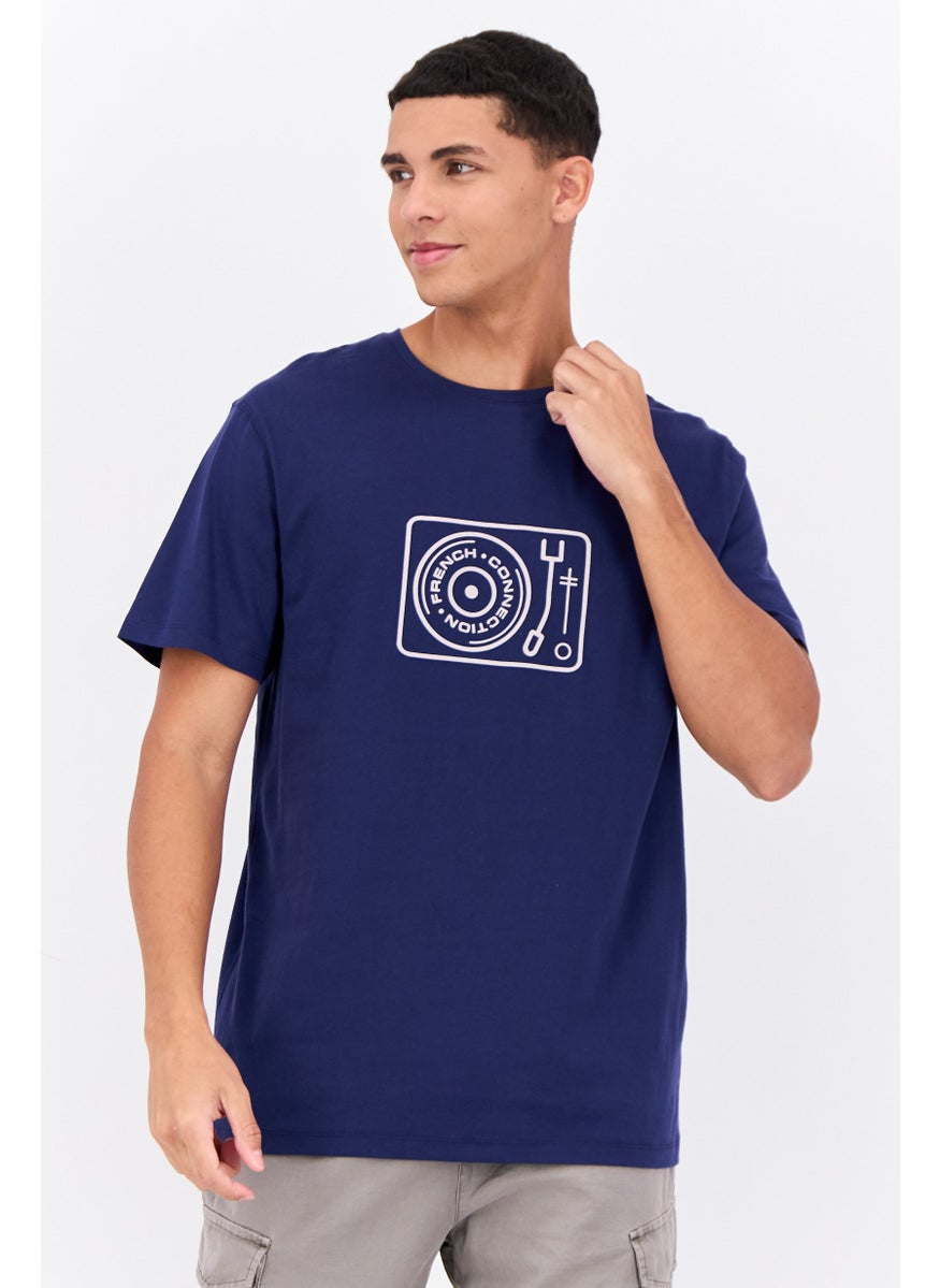 French Connection Men Crew Neck Short Sleeve Printed T-Shirts, Navy Blue  - Image 1