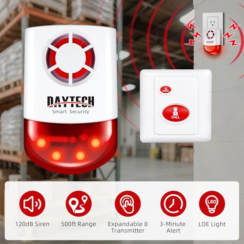 Daytech Remote Emergency Strobe Siren Alarm Kit Waterproof Outdoor Loud Panic Sos Warning System for Business Home Shop Hotel School 800ft 1 Red Flashing Siren+ 4 Call Buttons - Image 2