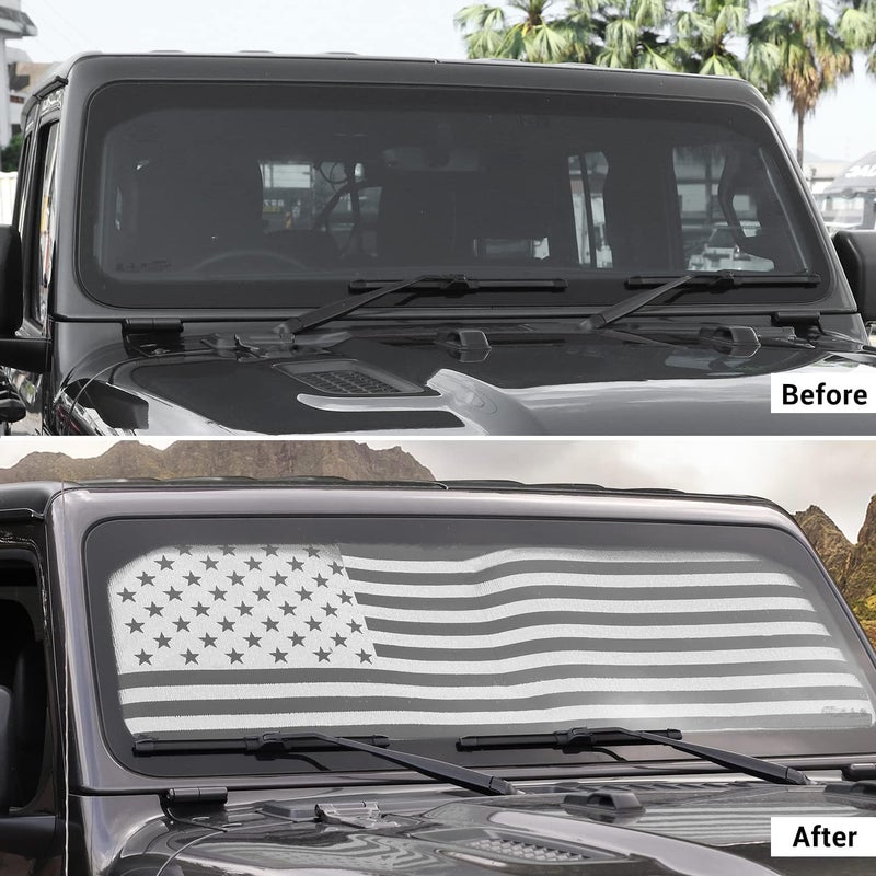 لواقي شمس لزجاج السيارة من طراز Jeep JL، مناسب للسنوات 2018–2022، لطرازات Jeep Wrangler JL JLU بأبواب 2/4، Gladiator JT، و4XE، مزود بعلم الولايات المتحدة (مقوى). - Image 2